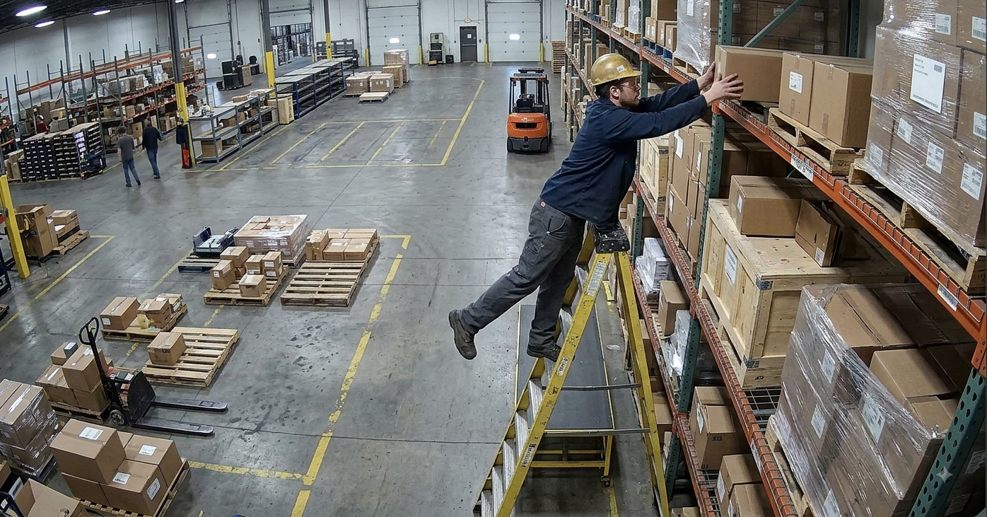A worker on a ladder organizing boxes on shelves in a warehouse, he reaches up for a box causing only one leg to be on the ladder.