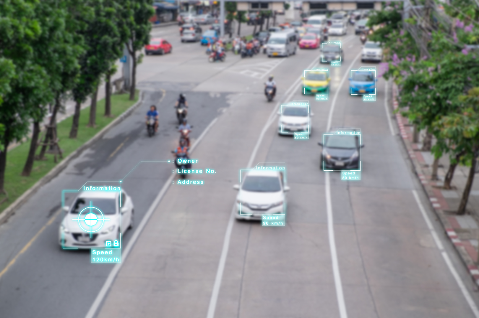 Multiple cars and motorcycles on a city street with digital overlays showing information such as speed, owner, license number, and address for some vehicles. The scene includes trees and a busy background.