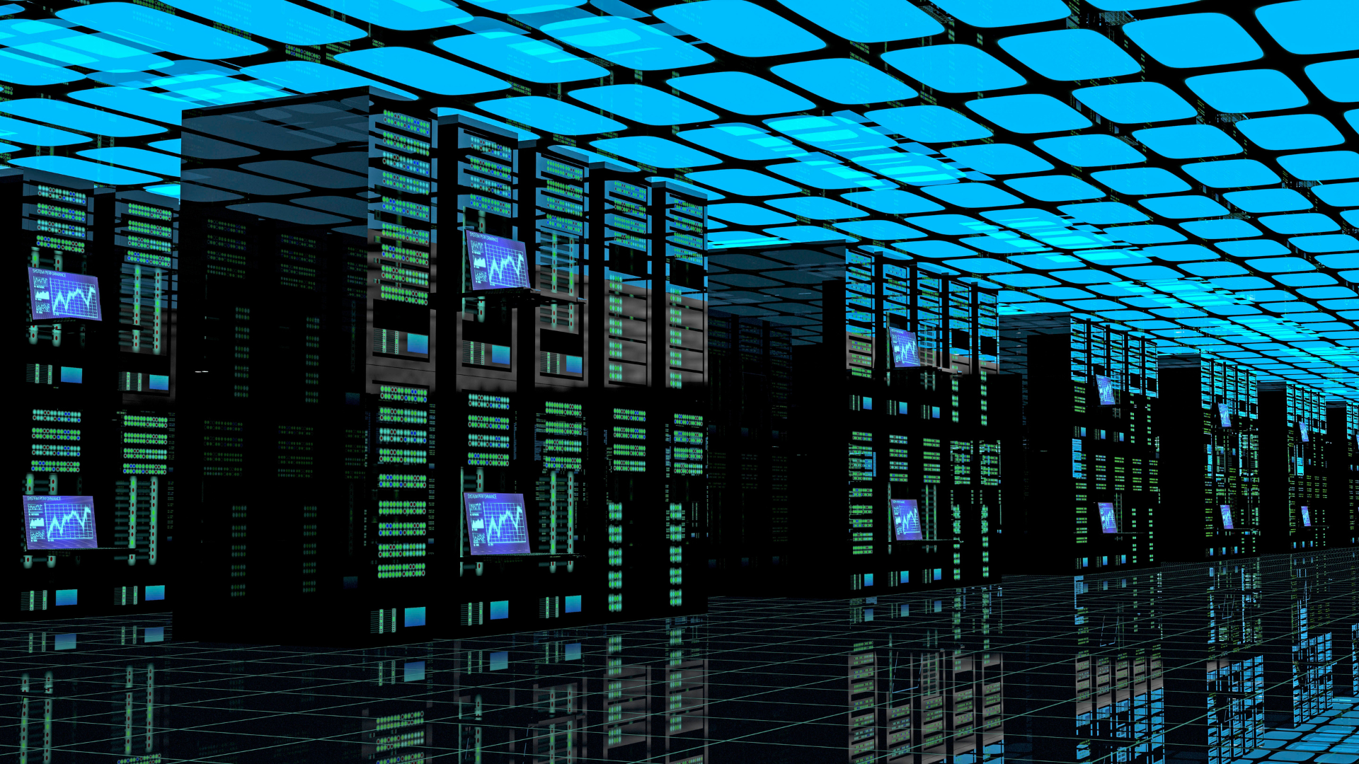A futuristic data center with rows of servers, digital screens showing graphs, and glowing blue ceiling panels.