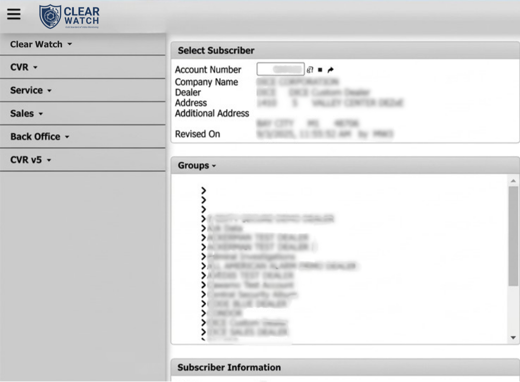Screenshot of the Clear Watch software interface displaying subscriber details, including account number, company name, dealer, address, and groups, with menu options on the left side.