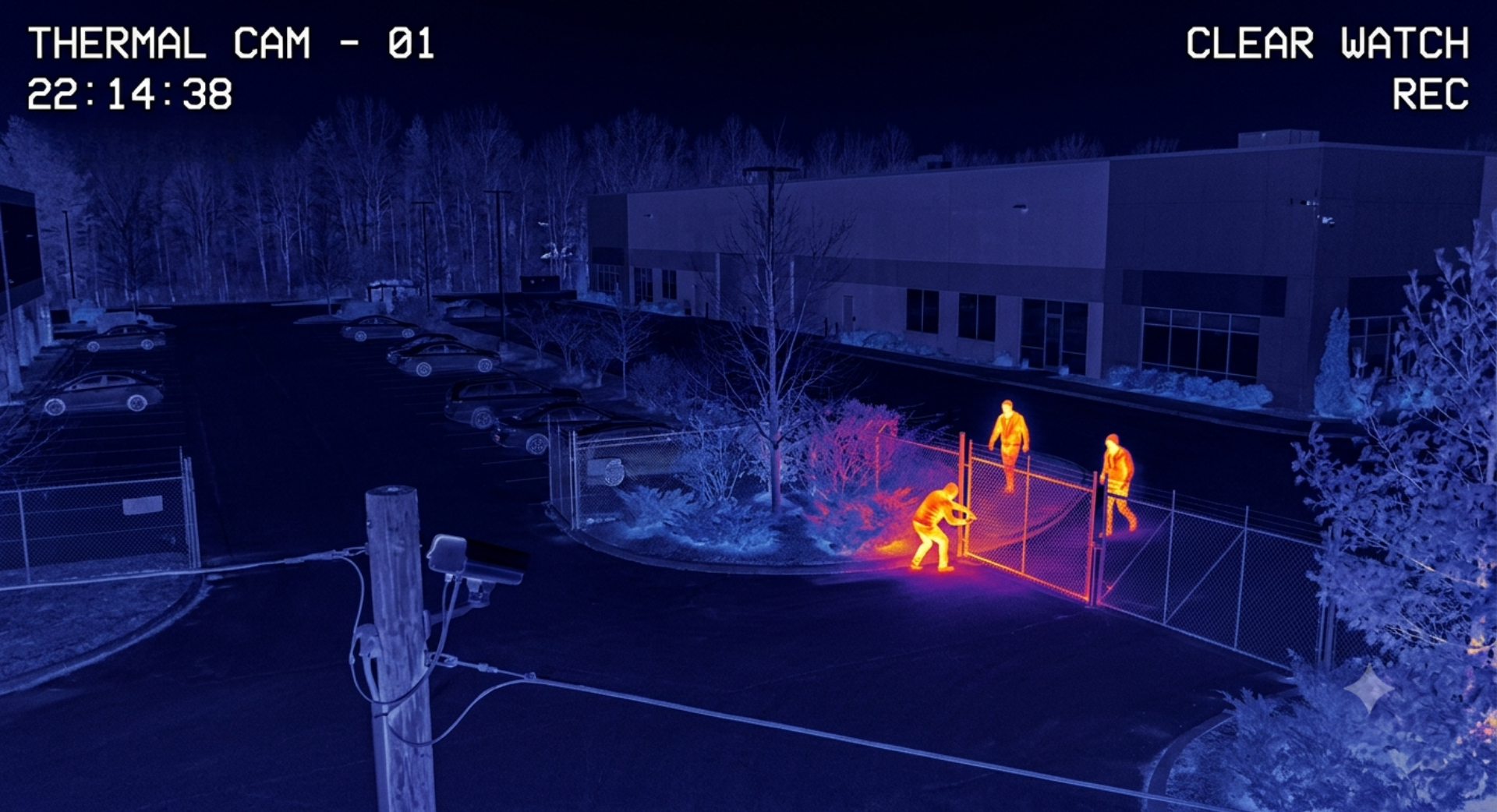Nighttime thermal imaging photo of three trespassers breaking past a chain-link fence near a building and trees, with thermal imaging showing heat signatures in orange and blue.