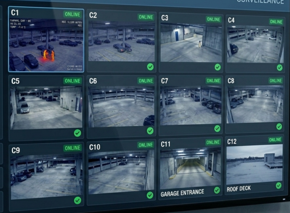 Security camera monitors showing multiple parking garage views, all marked 'ONLINE,' with some cameras displaying parking spaces, vehicles, and the garage entrance.