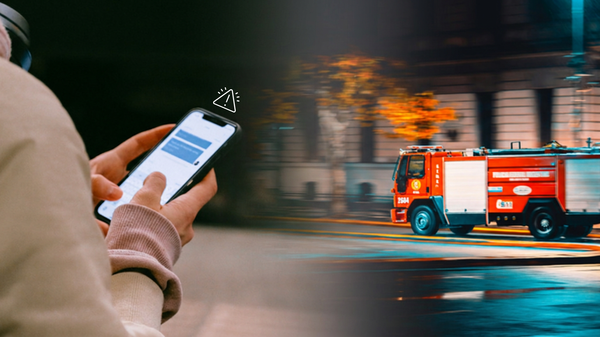 Person holding a smartphone with a warning icon, blurred moving fire truck on city street at night with illuminated trees in the background.