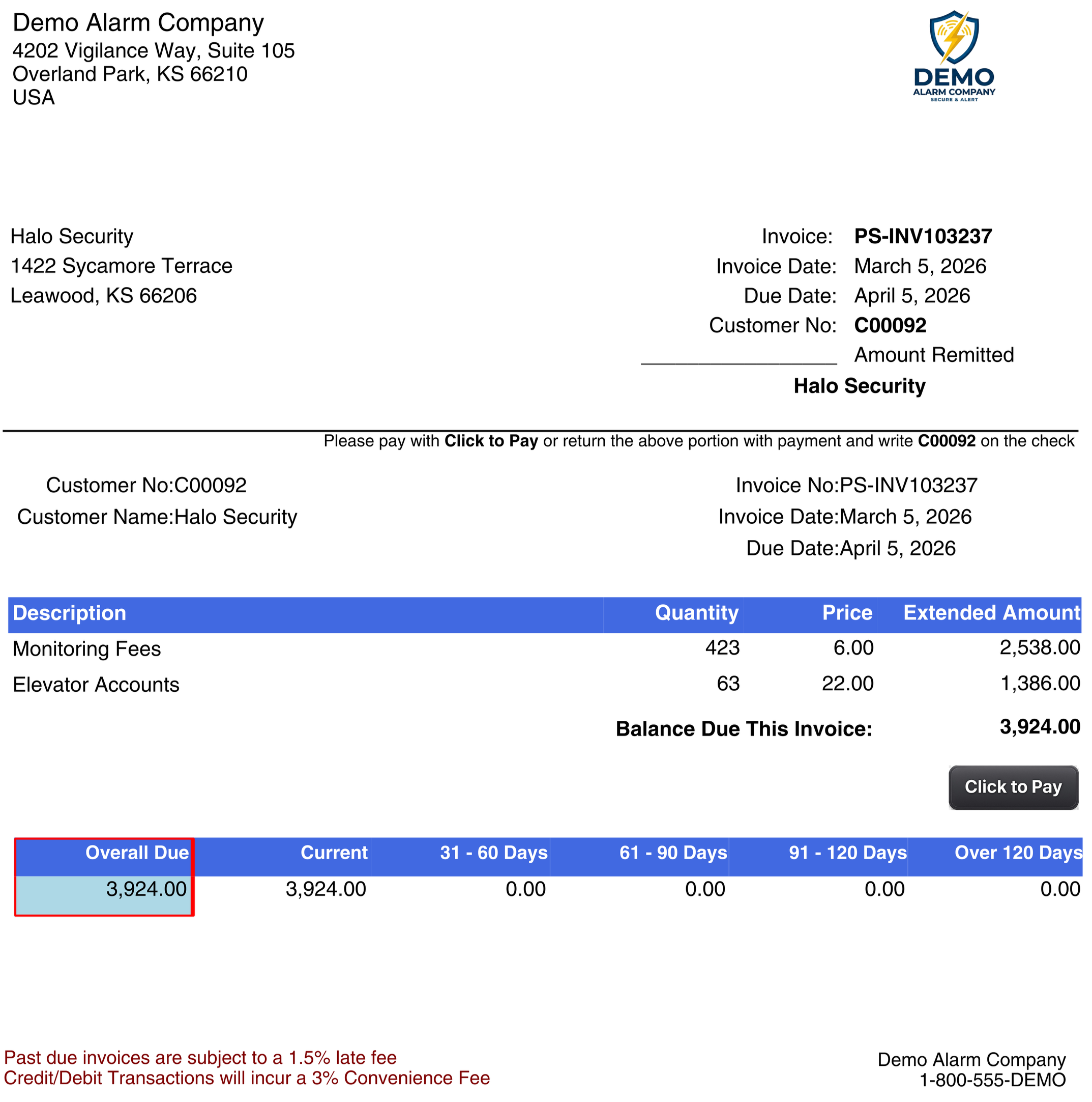 A detailed invoice from Demo Alarm Company for Halo Security, showing addresses, invoice number, date, customer info, billing details, amounts, and due date, with a company logo in the top right corner.