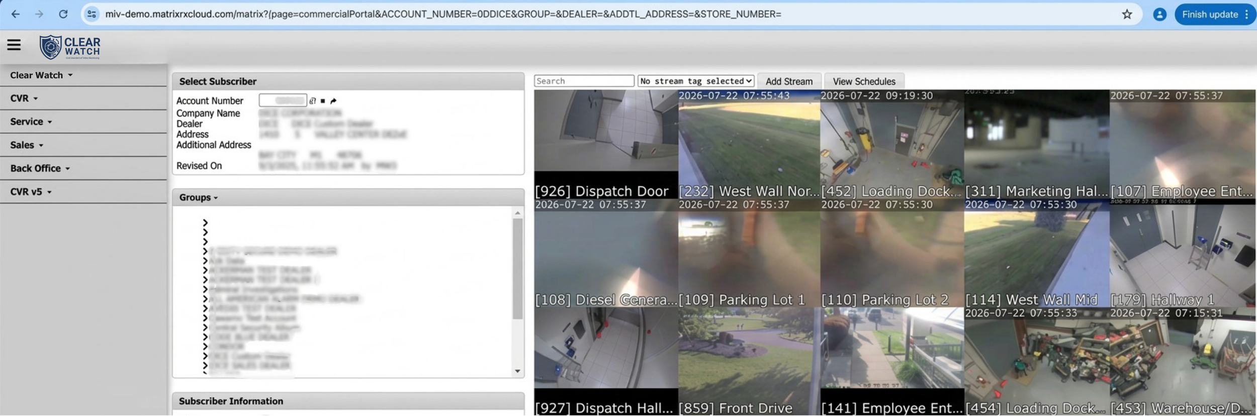 A security camera monitoring system interface displaying live feed thumbnails of various areas in a facility, including entrances, parking lots, hallways, and loading docks, with timestamps and location labels.