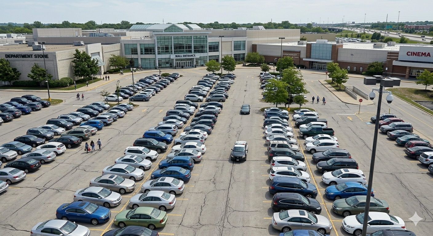 A large parking lot in front of a shopping mall with multiple parked cars and a few pedestrians walking.