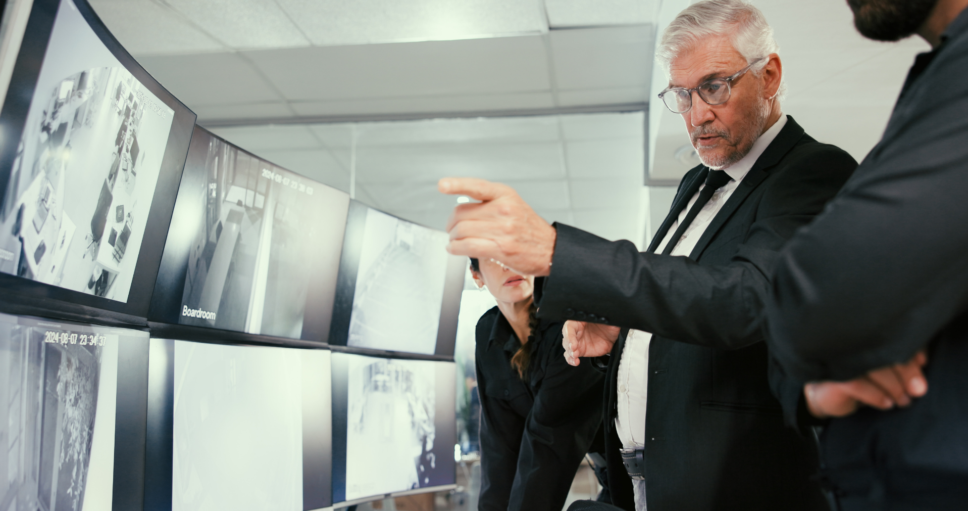 Three professionals, one with gray hair and glasses, pointing at security cameras on monitors in a control room.