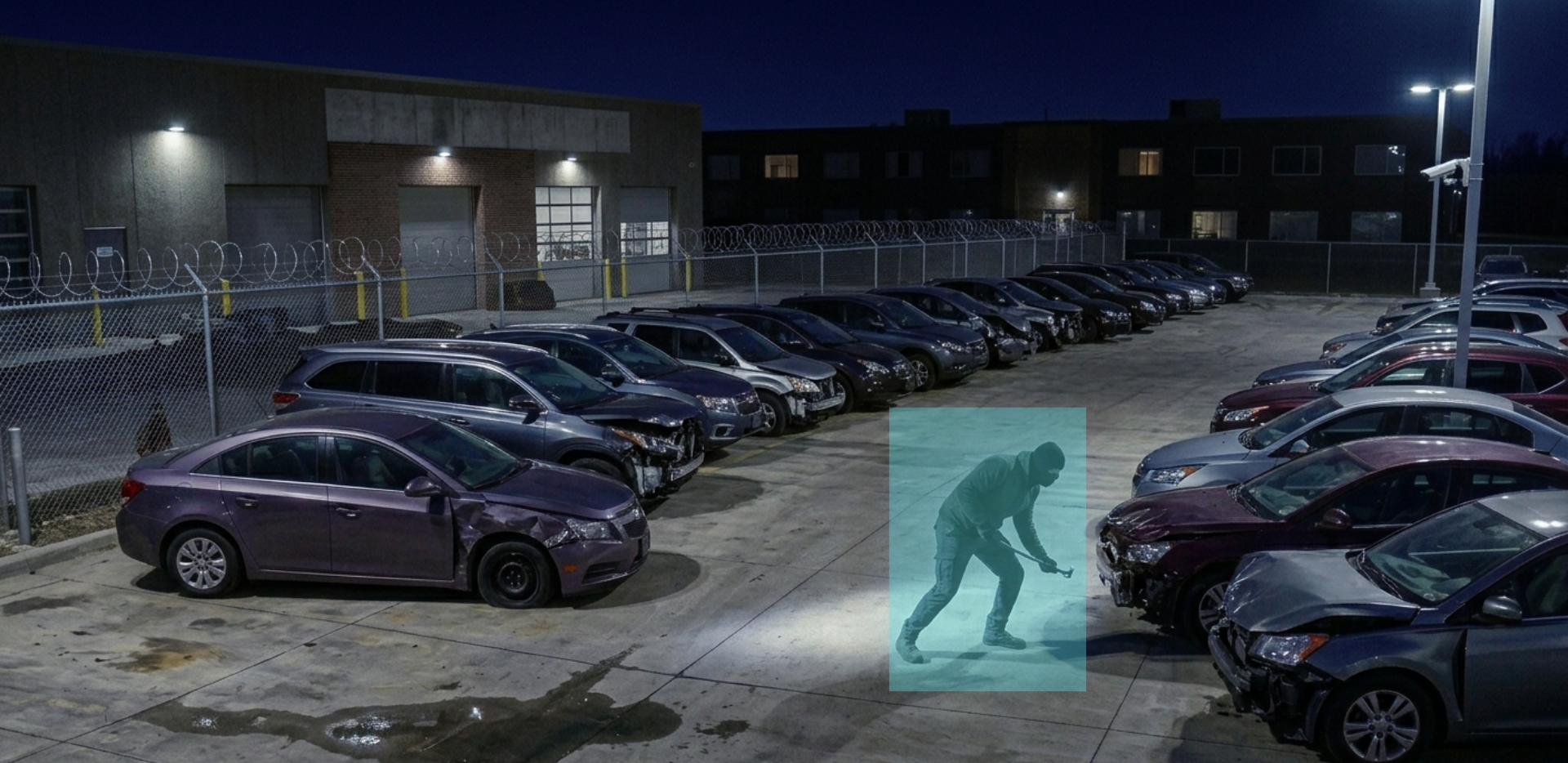A car lot at night with several damaged cars parked in rows, a person wearing a hoodie and mask attempting to break into a car, and a chain-link fence surrounding the area.