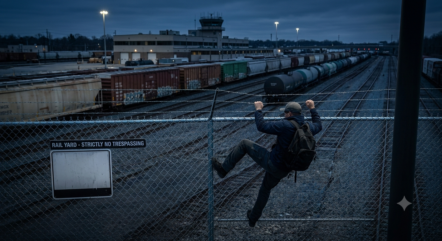 A person climbing a chain-link fence overlooking train tracks at dusk, with train cars and a control tower in the background, and a sign that reads "RAIL YARD - STRICTLY NO TRESPASSING."