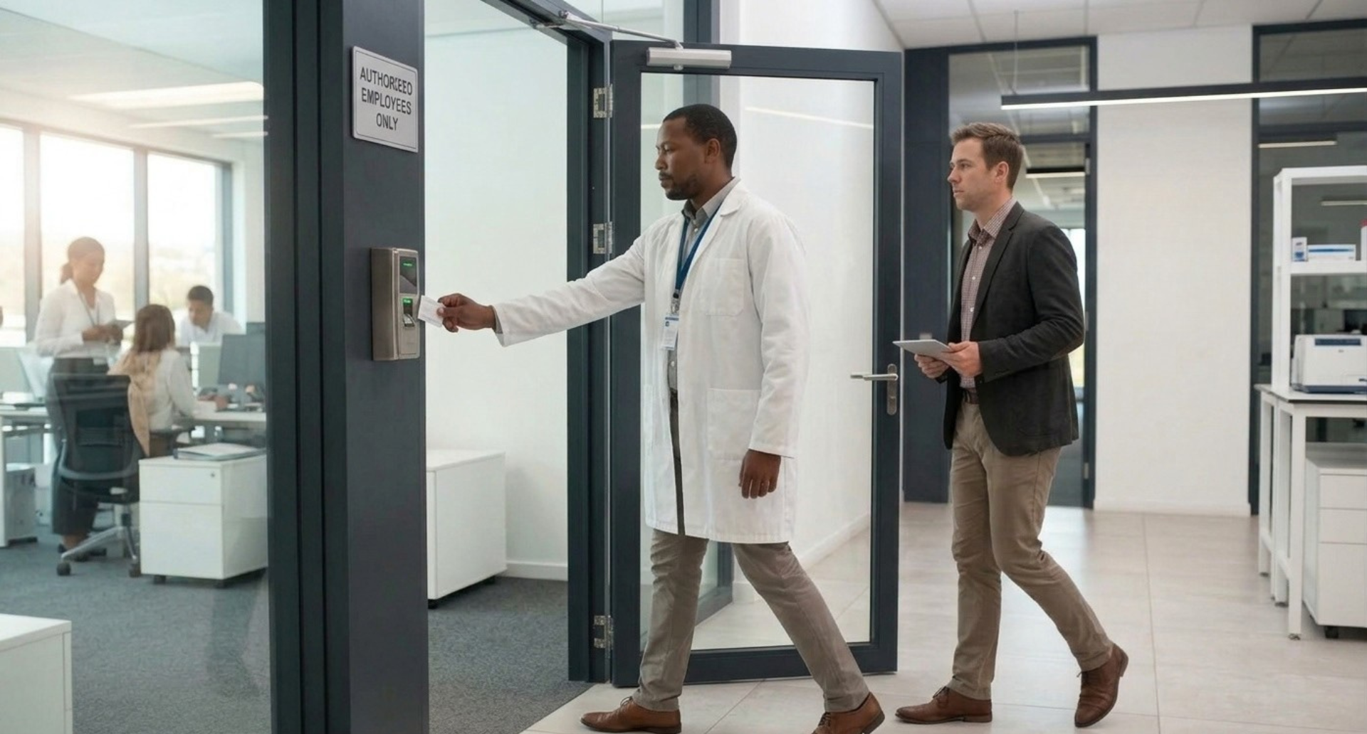 A doctor and a man are walking through an office door that has a sign reading 'Authorized Employees Only.' The doctor is holding a card or badge, and both are walking towards a secure access point with a card reader. The office has large windows, and there are people working at desks inside.