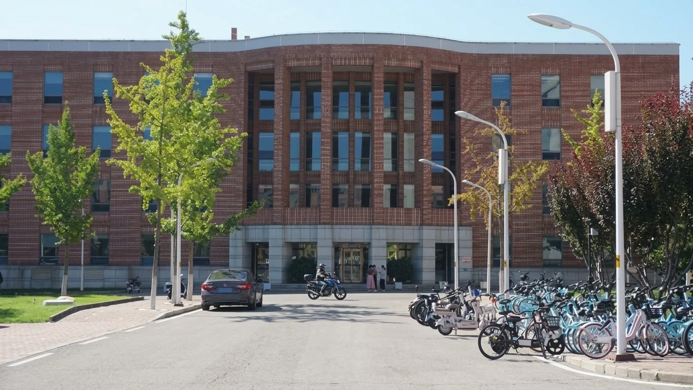 Front view of a brick building with multiple windows, surrounded by trees, with bicycles and scooters parked on the right side, a motorcycle and a car in front, and people near the entrance.