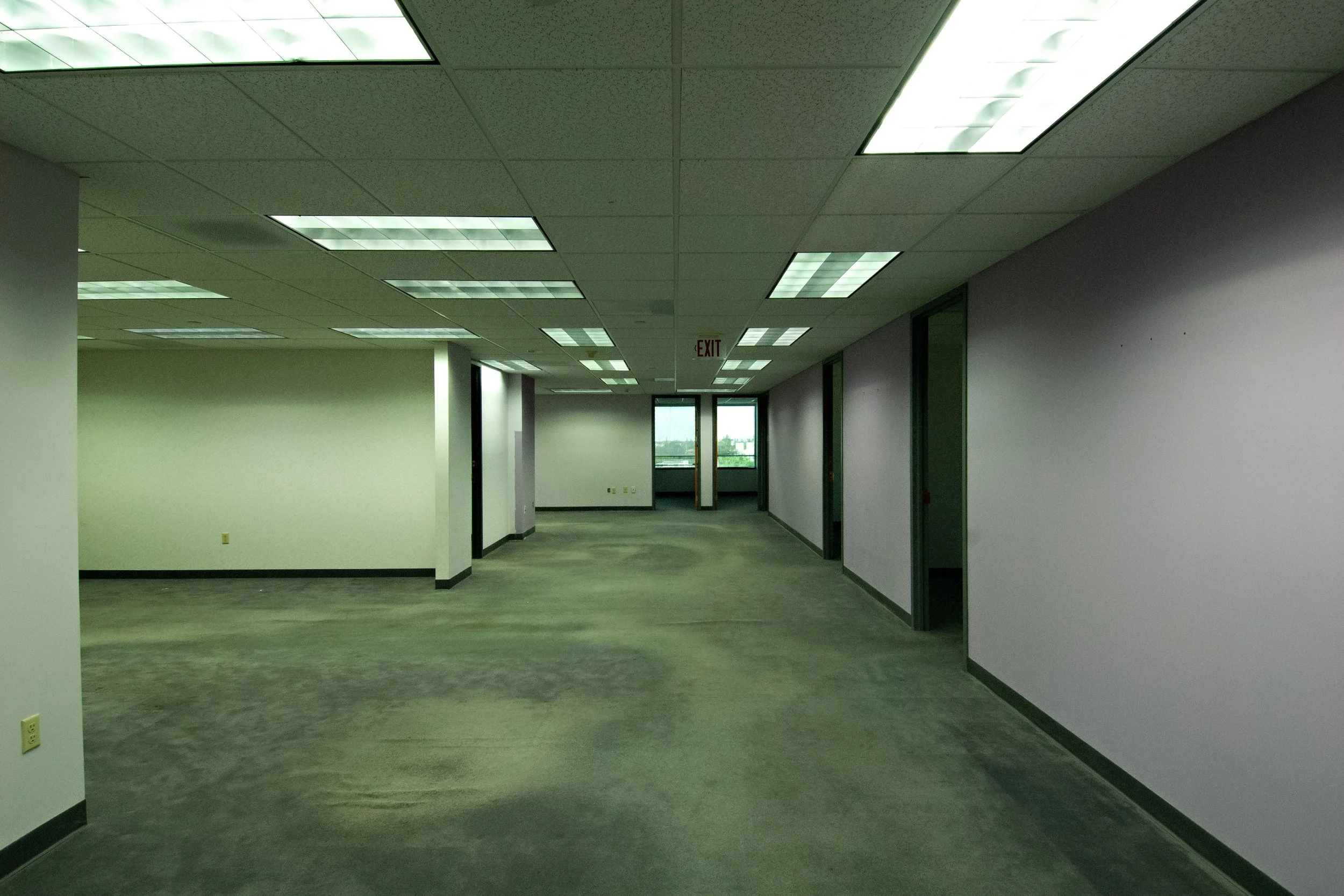 Empty office corridor with white and purple walls, gray carpet, and fluorescent ceiling lights, with an exit sign near the end of the hallway.