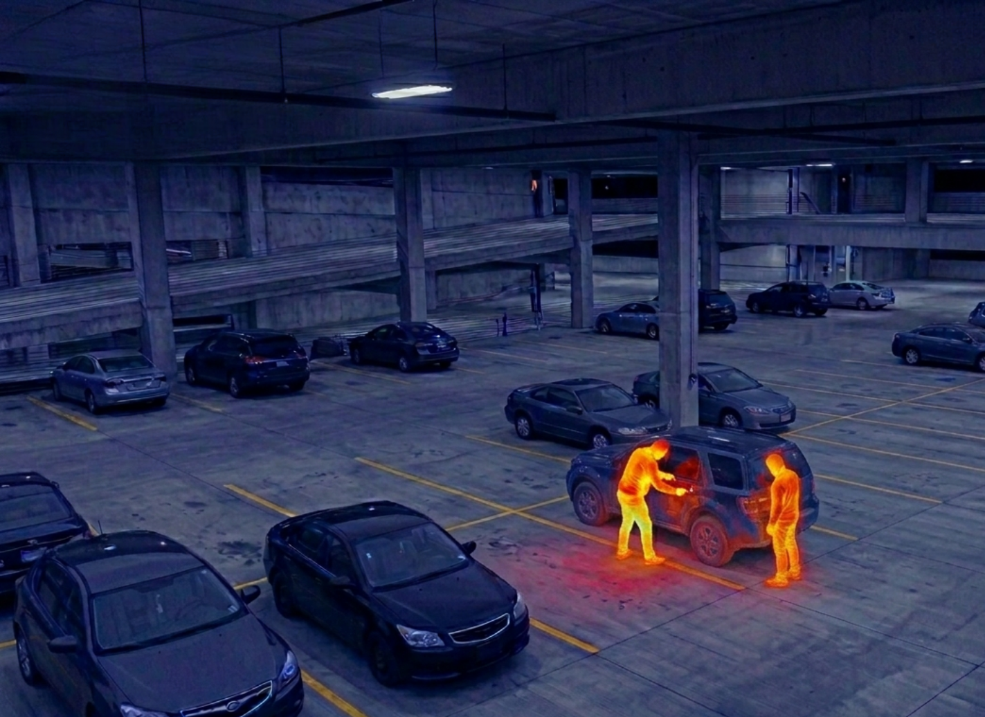 Empty parking garage at night with two trespassers detected by thermal cameras, one of which is opening the rear of a SUV while the other stands nearby.