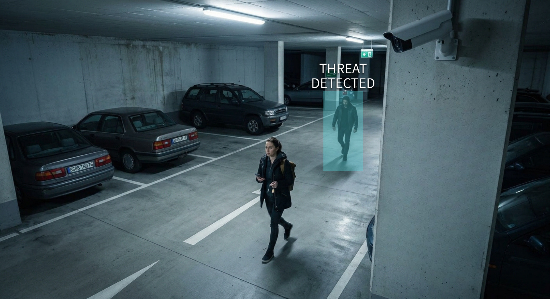 Camera surveillance in parking garage detecting a woman walking to her car, and a suspicious person following her with an overlay text indicating "threat detected."