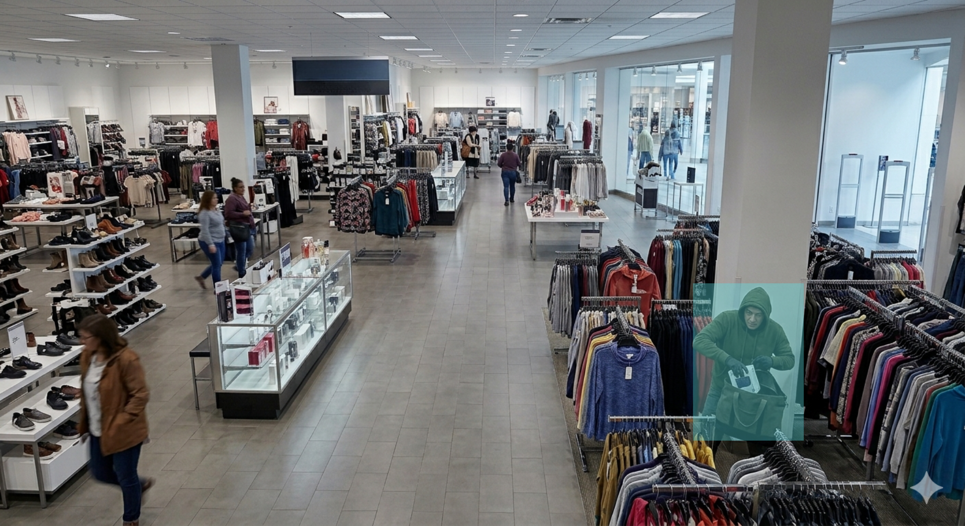 Interior of a clothing store with racks of clothes, shoes, and accessories, and a man in a hoodie shoplifting highlighted in blue indicating surveillance detection.