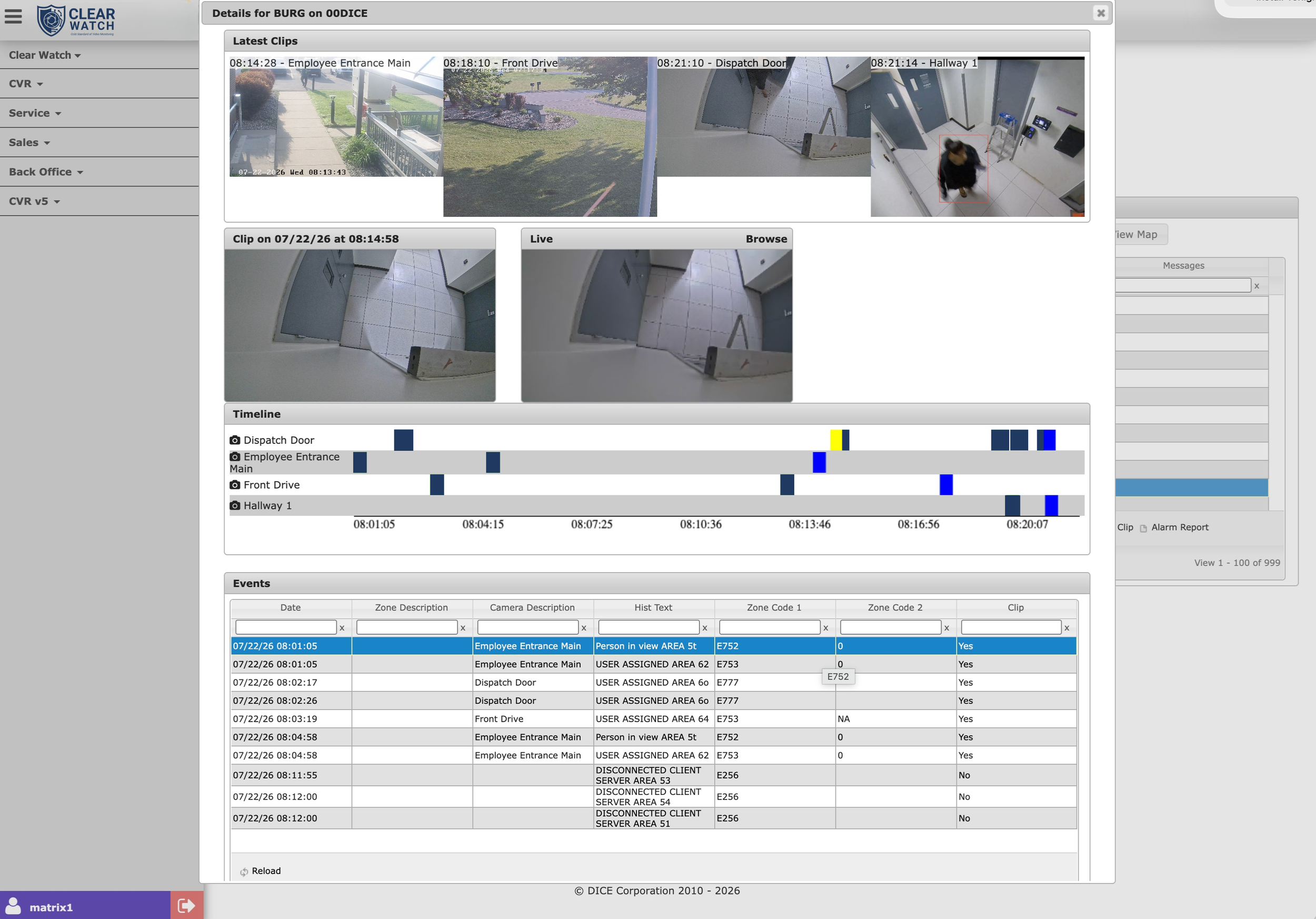 Security camera footage of an outdoor area, a person entering a building, an employee walking on a driveway, and a hallway with an elevator, all viewed through security cameras with timestamps.
