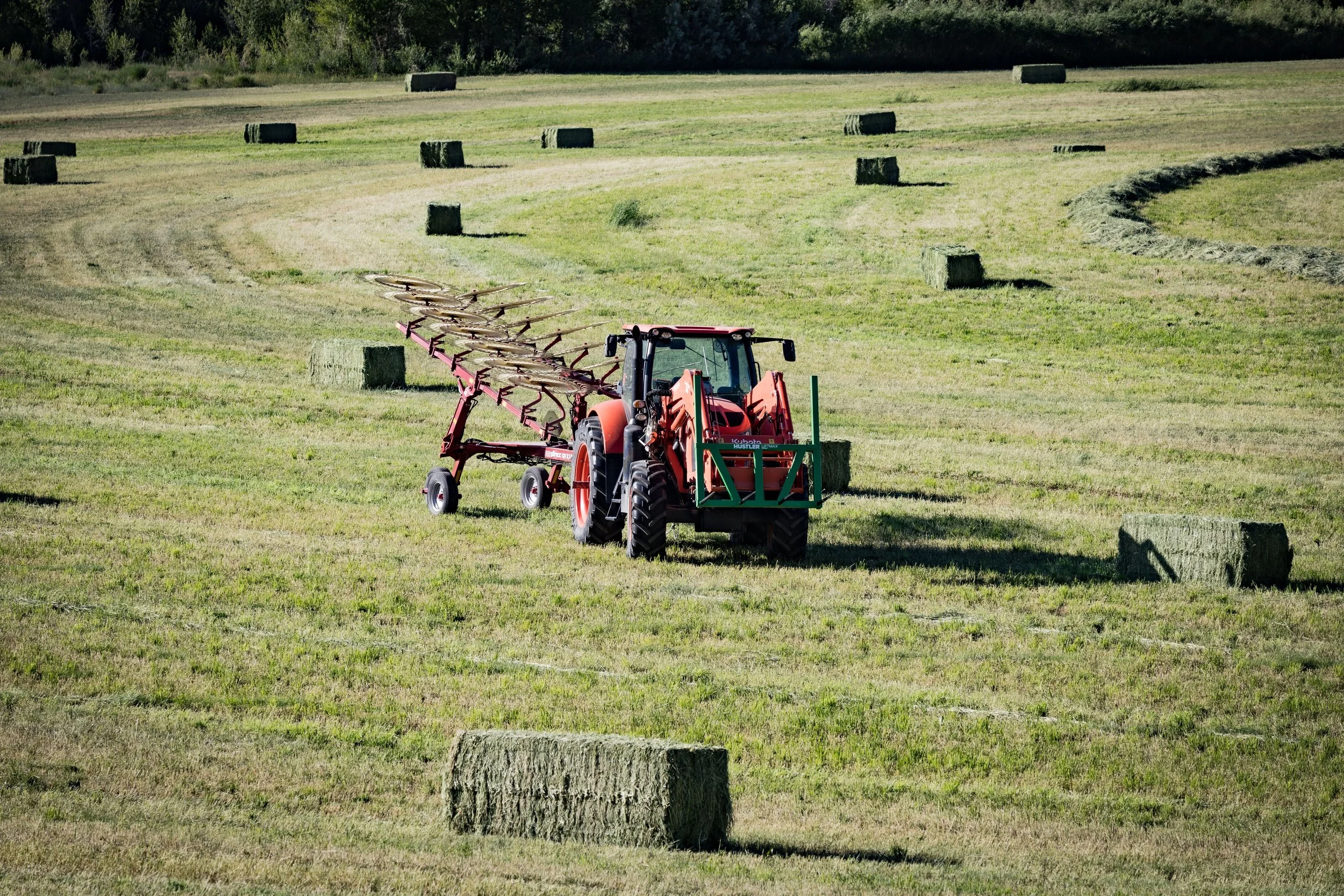 A red tractor pulling a harrow across a green field with hay bales scattered throughout, under a clear blue sky.