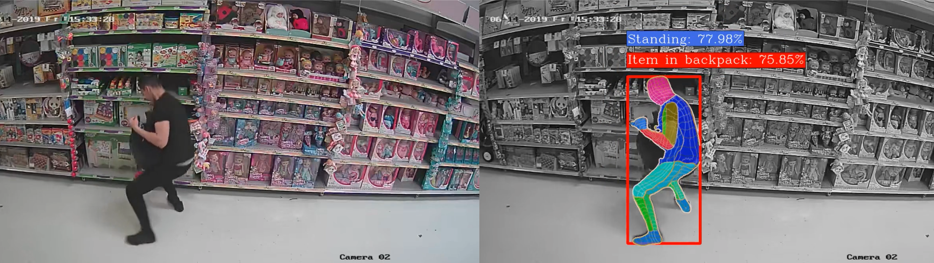 A security camera using thermal imaging to detect a man in a toy store shoplifting an item into his backpack with ai confidence of  75%.