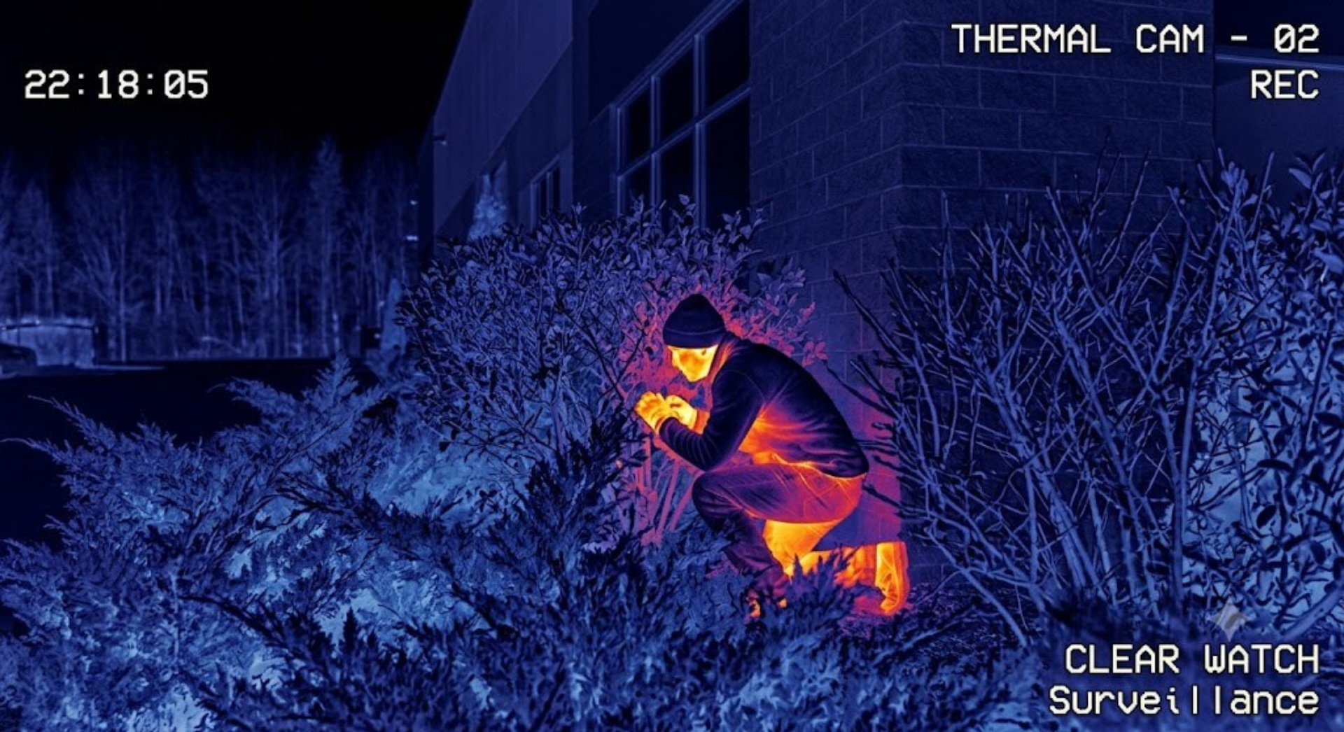 A person wearing all black crouching behind some bushes next to a building, illuminated by thermal imaging, with a building in the background. The image has timestamp and camera information overlayed.