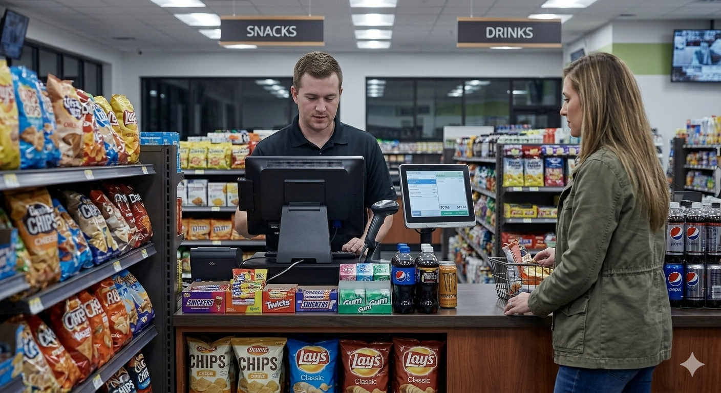A woman shops for snacks and drinks at a checkout counter in a grocery store, where a cashier scans her items.