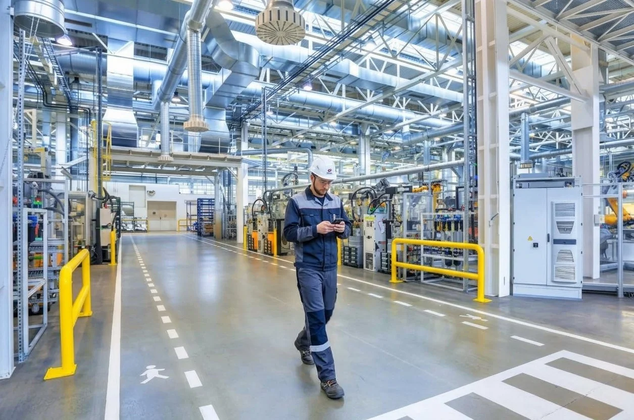 A worker in a blue uniform with reflective strips, wearing a white hard hat, walking inside a modern factory while looking at a smartphone. The factory features extensive industrial equipment, overhead ducts, and clearly marked walking paths.