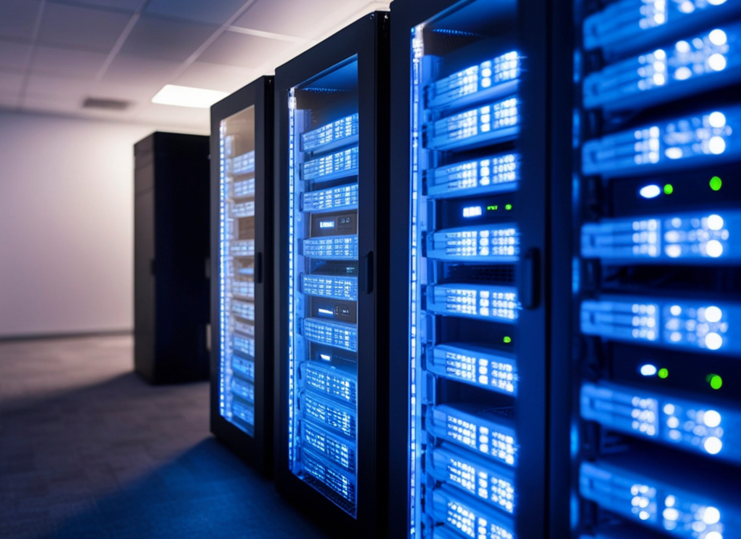 Server racks with blue LED lights in a data center.