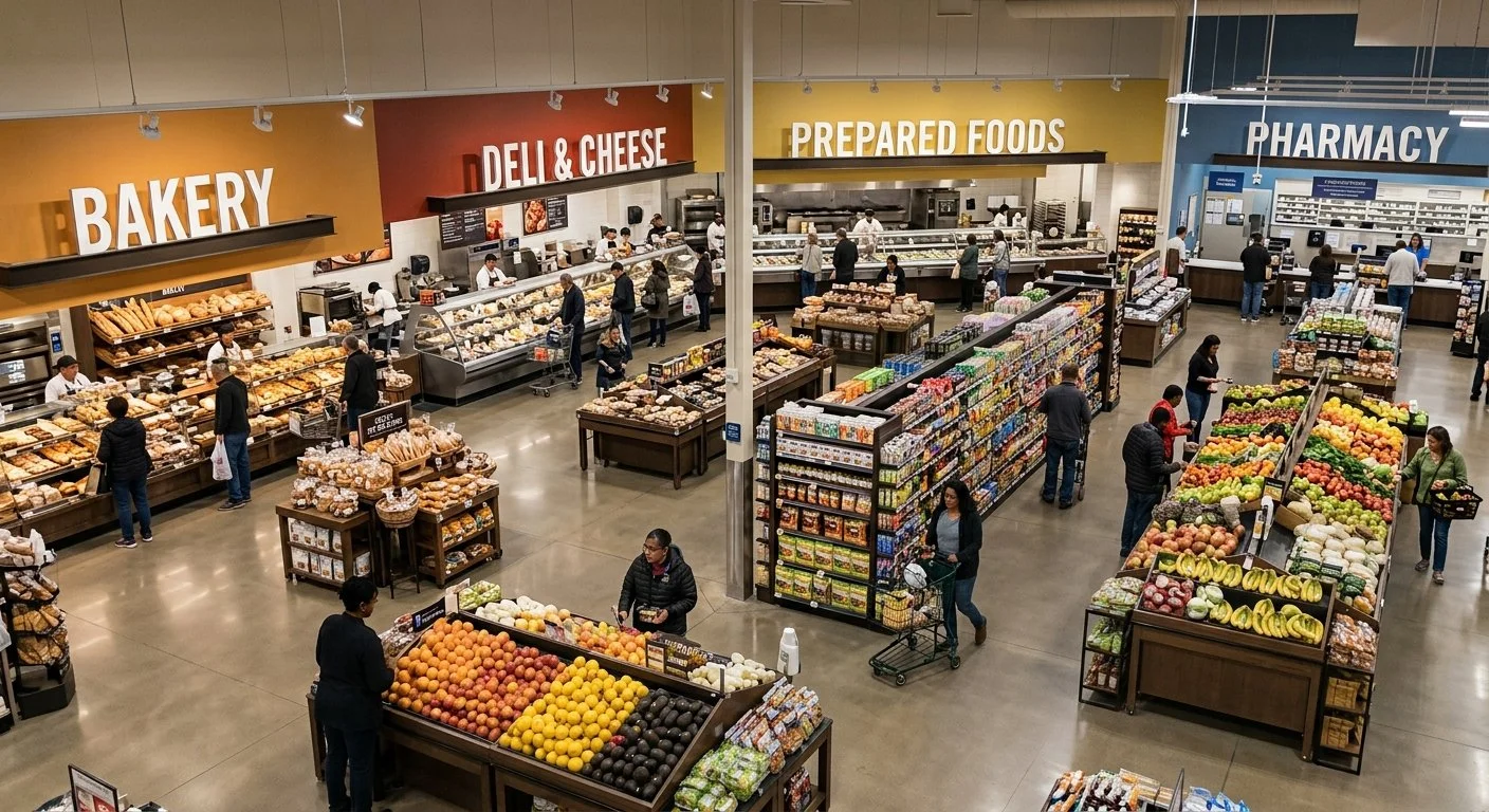 Inside a grocery store showing sections labeled Bakery, Deli & Cheese, Prepared Foods, and Pharmacy, with customers shopping and employees working.