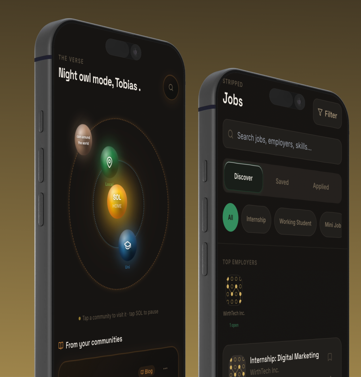 Zwei Smartphones mit Job- und Community-Apps auf einem goldenen Hintergrund