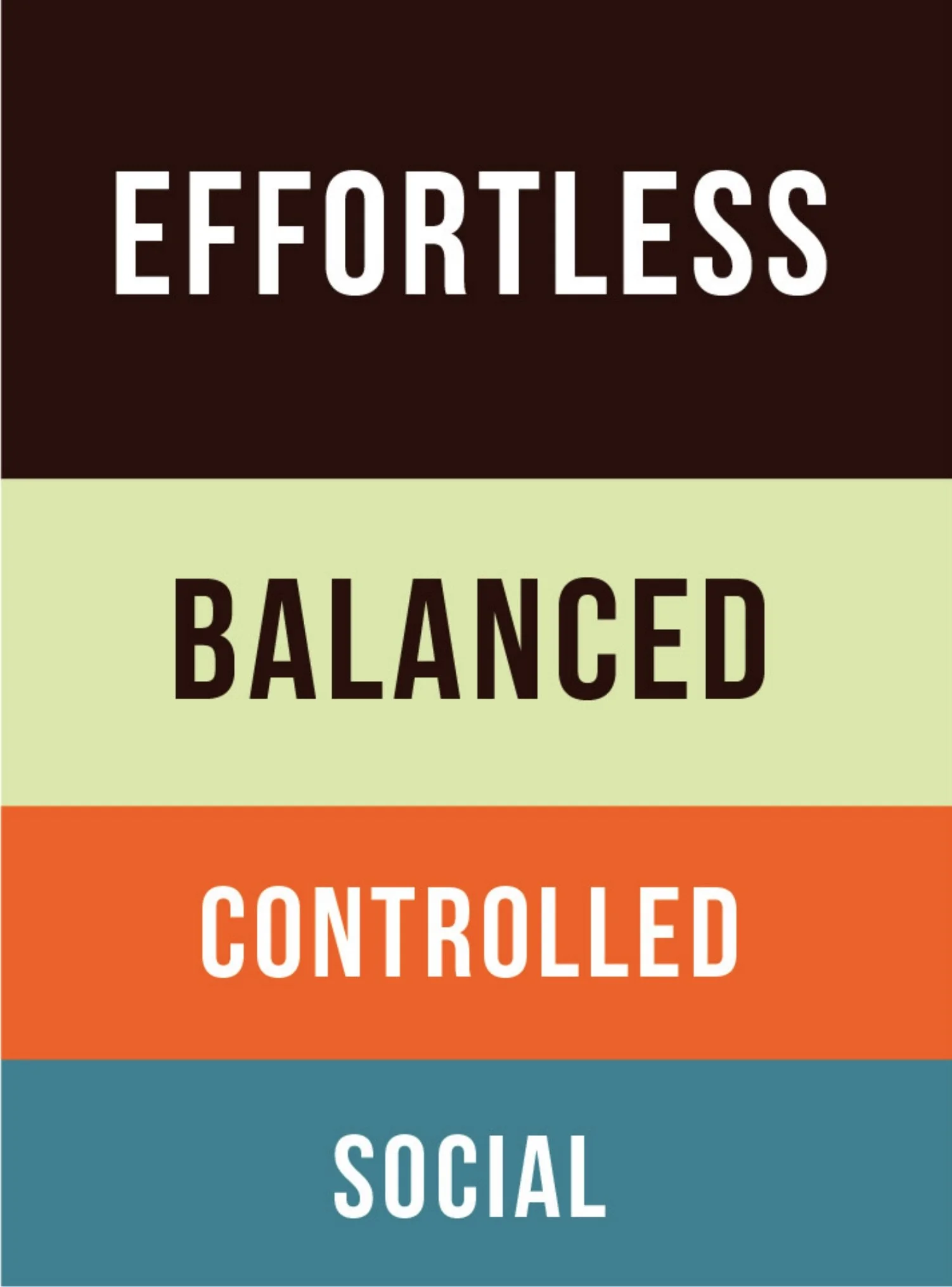 Colorful graphic with sections labeled 'Effortless,' 'Balanced,' 'Controlled,' and 'Social' in bold text.