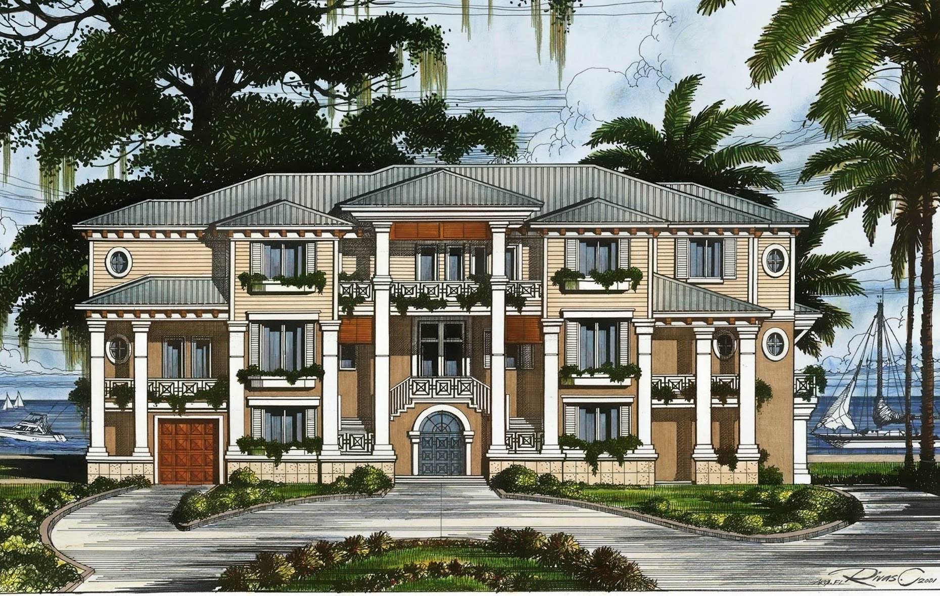 A detailed drawing of a large, elegant house near a body of water, surrounded by trees and greenery, with boats and yachts in the background.