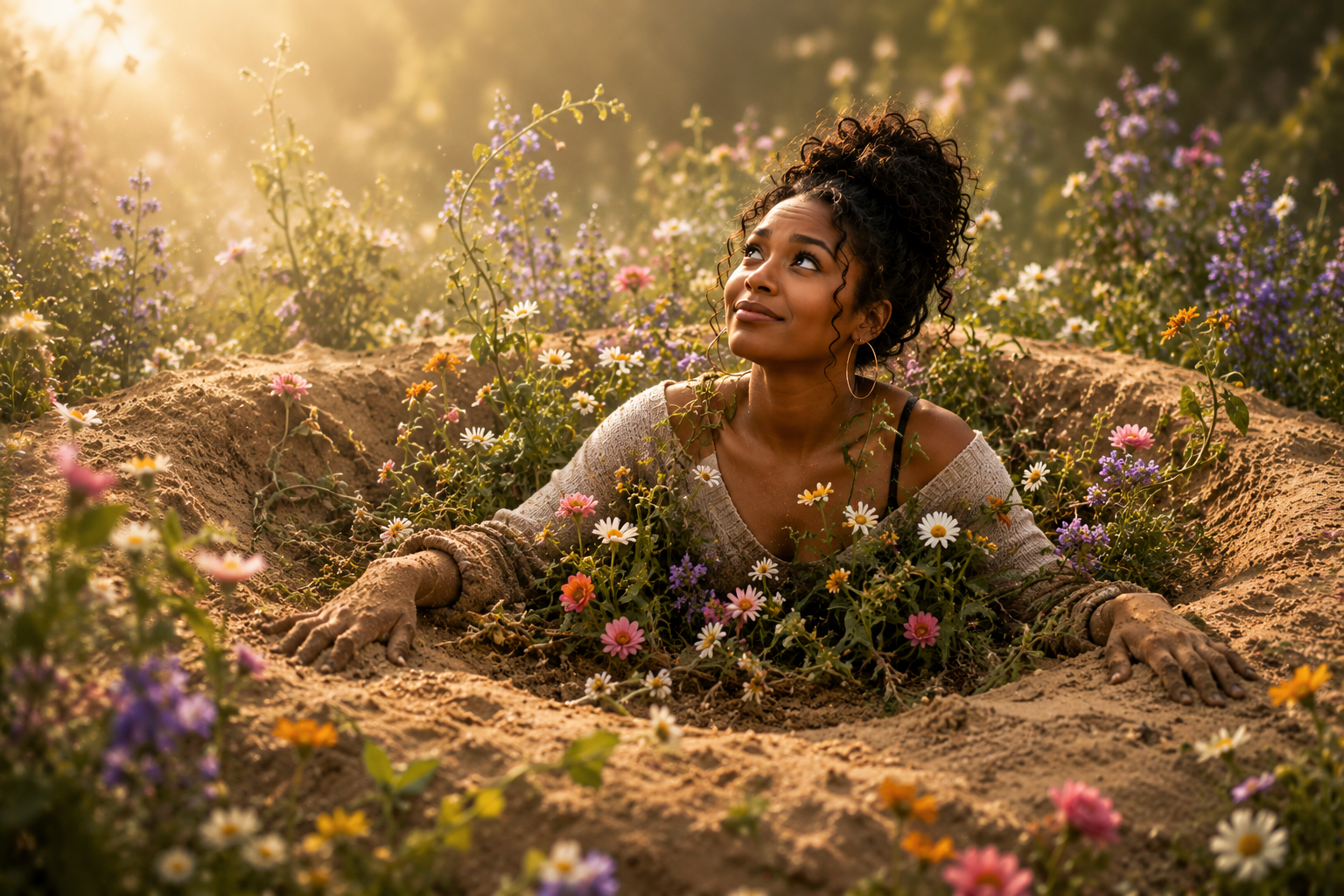 Woman growing out of the ground with flowers around her.