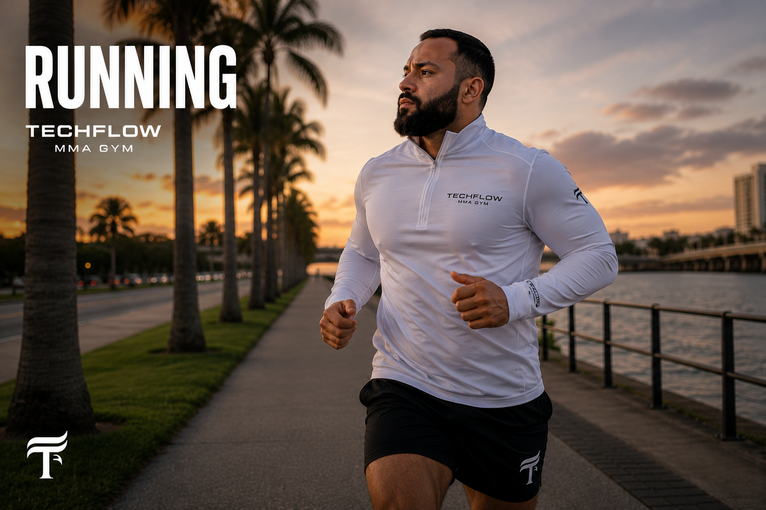 Man running along a waterfront promenade at sunset, wearing a white Techflow MMA gym athletic shirt and black shorts, with palm trees and city buildings in the background.
