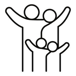 Black icon of four people with their arms raised in celebration or victory.