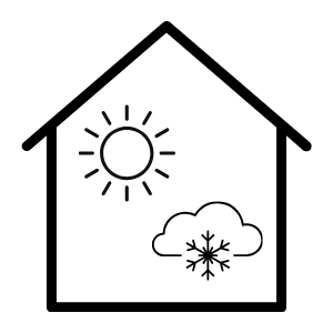 A black icon of a house with an icon of a sun and a cloud with a snowflake inside the home.