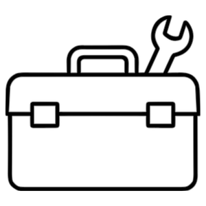 Black icon of a toolbox with a handyman wrench inside.