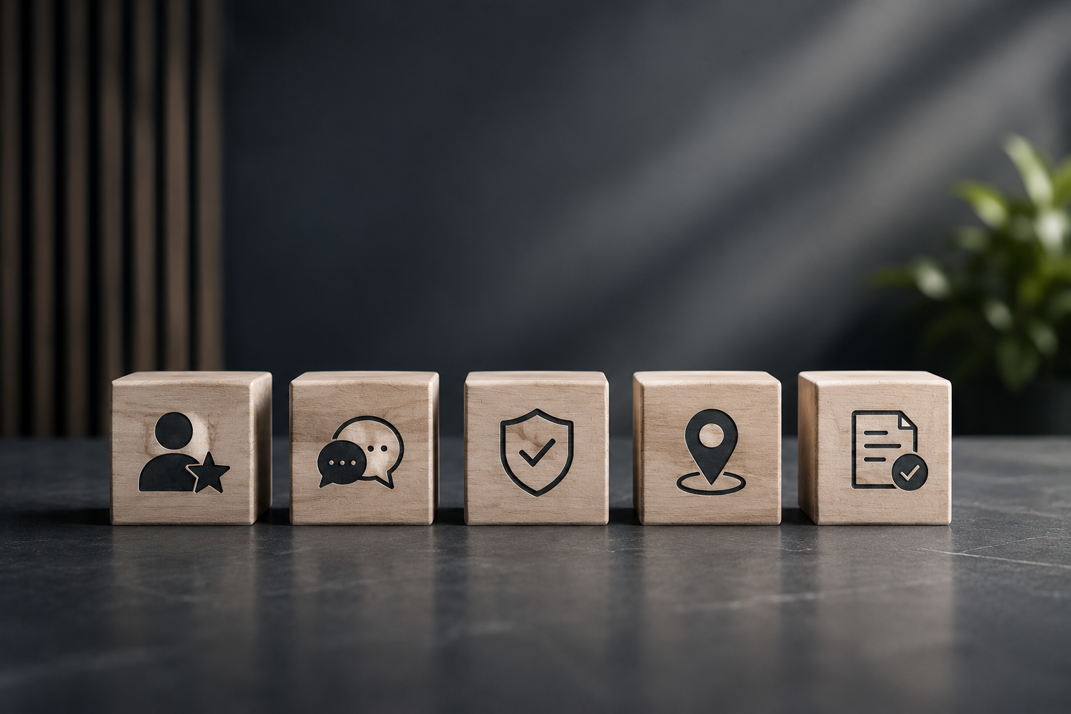 Five wooden blocks with icons: a user with a star, speech bubbles, a shield with a checkmark, a location pin, and a document with a checkmark, on a dark surface.