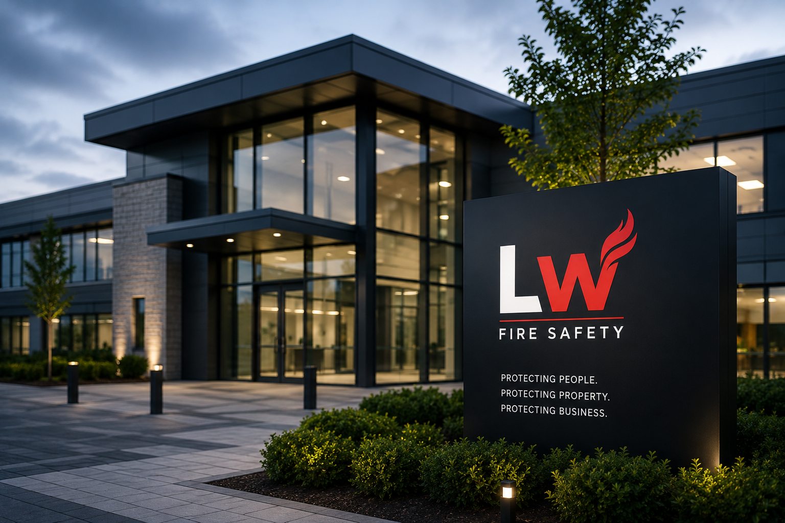 Exterior of a modern office building with large glass windows and an illuminated sign reading 'LW Fire Safety' in front, with trees and bushes around, during dusk.