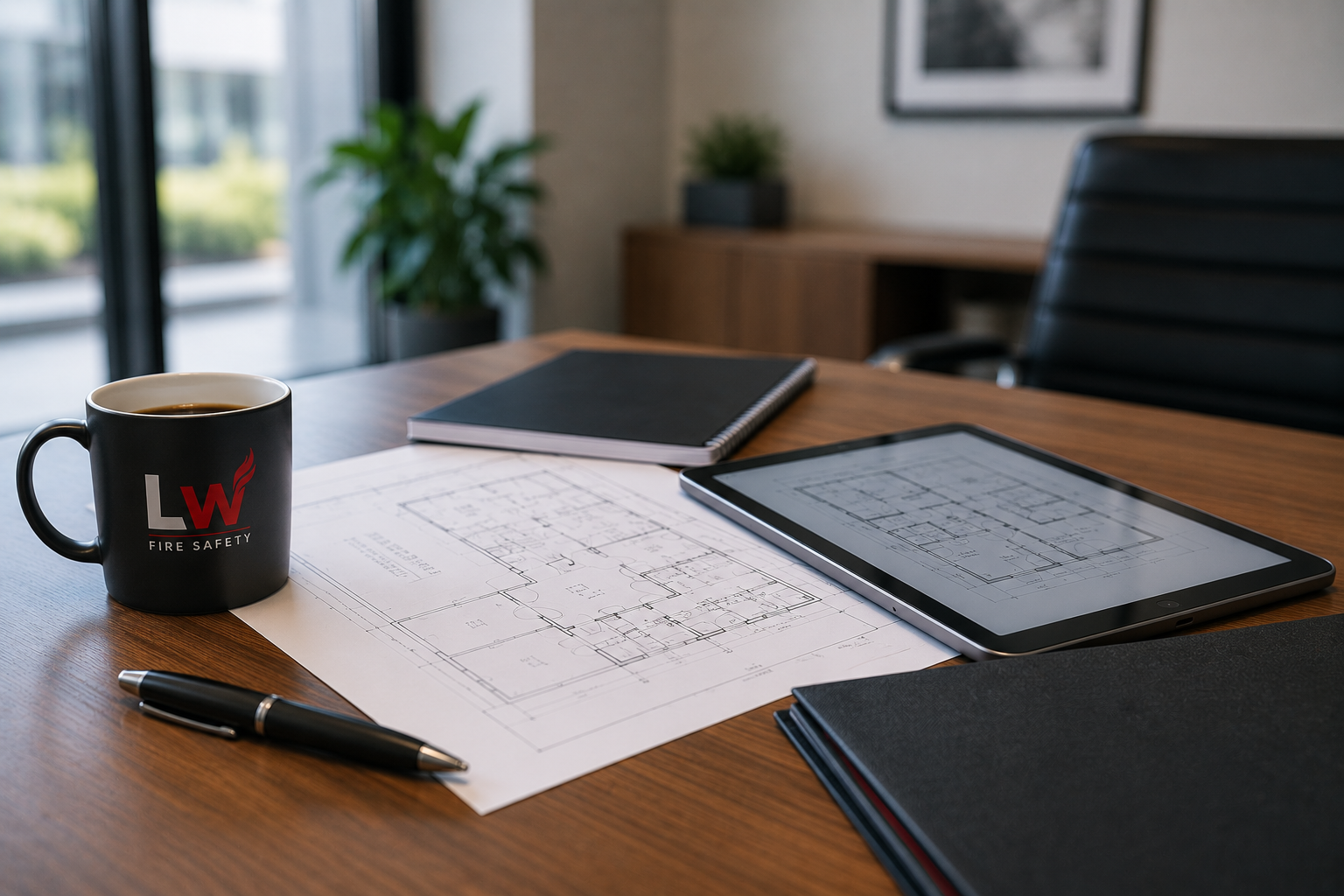 Desk with architectural blueprints, a tablet displaying blueprints, a black notebook, a pen, a black coffee mug with 'LW Fire Safety' logo, and a black folder, in an office with a large window and indoor plants.