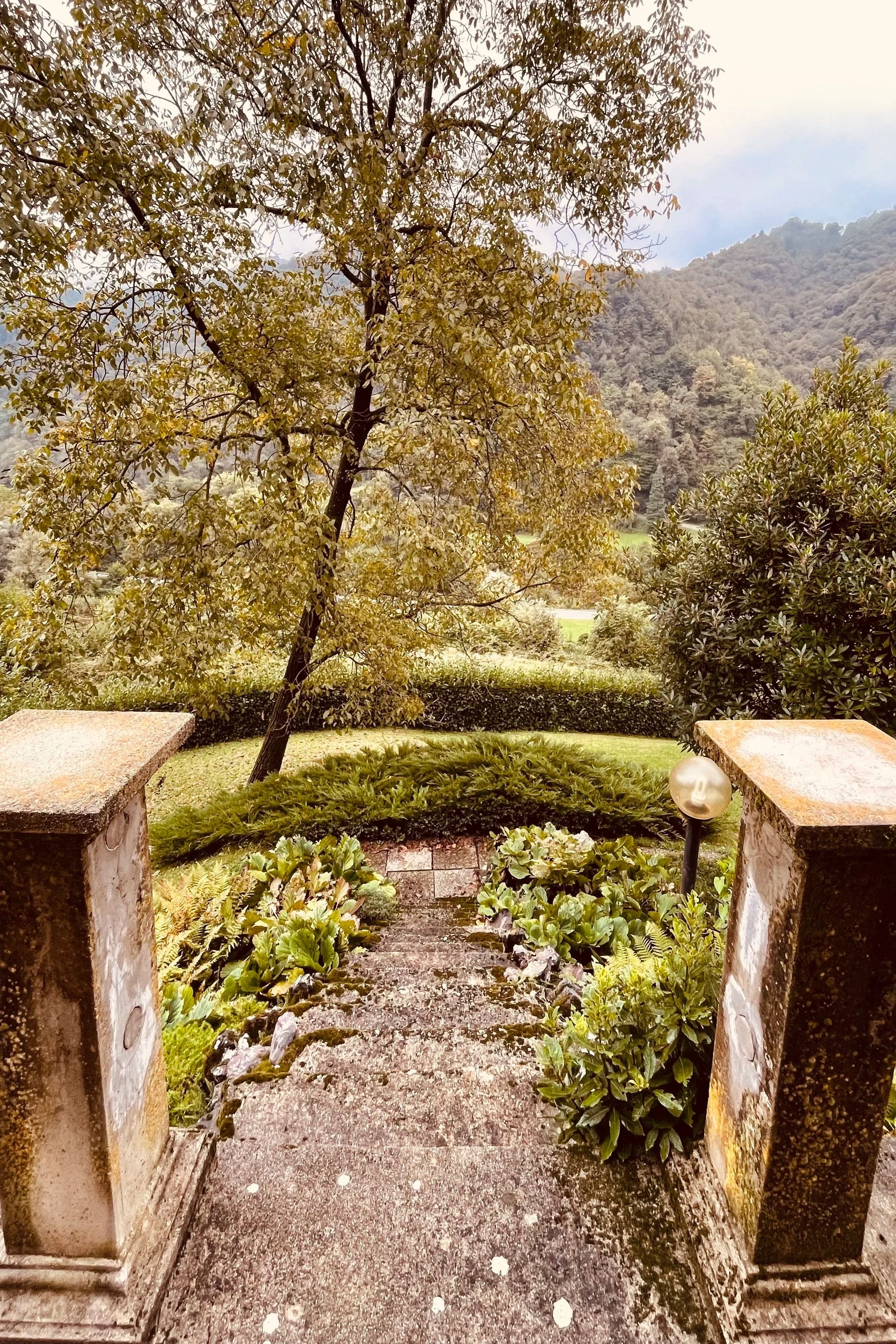 Stone garden steps at Villa Oberti leading towards the mountain landscape of the Piedmont countryside