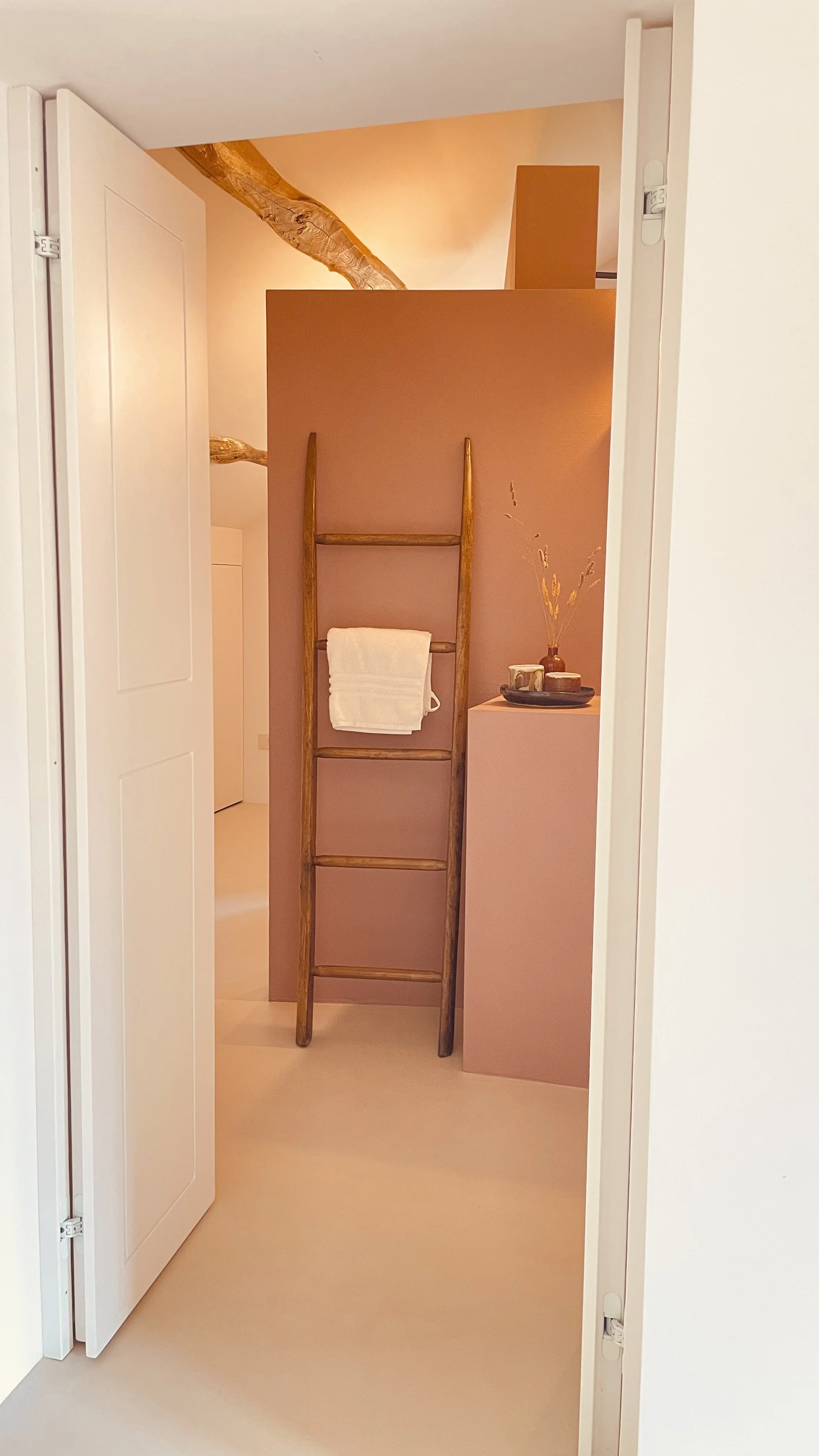 Terracotta-toned bathroom with rustic wooden ladder at Villa Oberti, a charming private villa near Mondovì