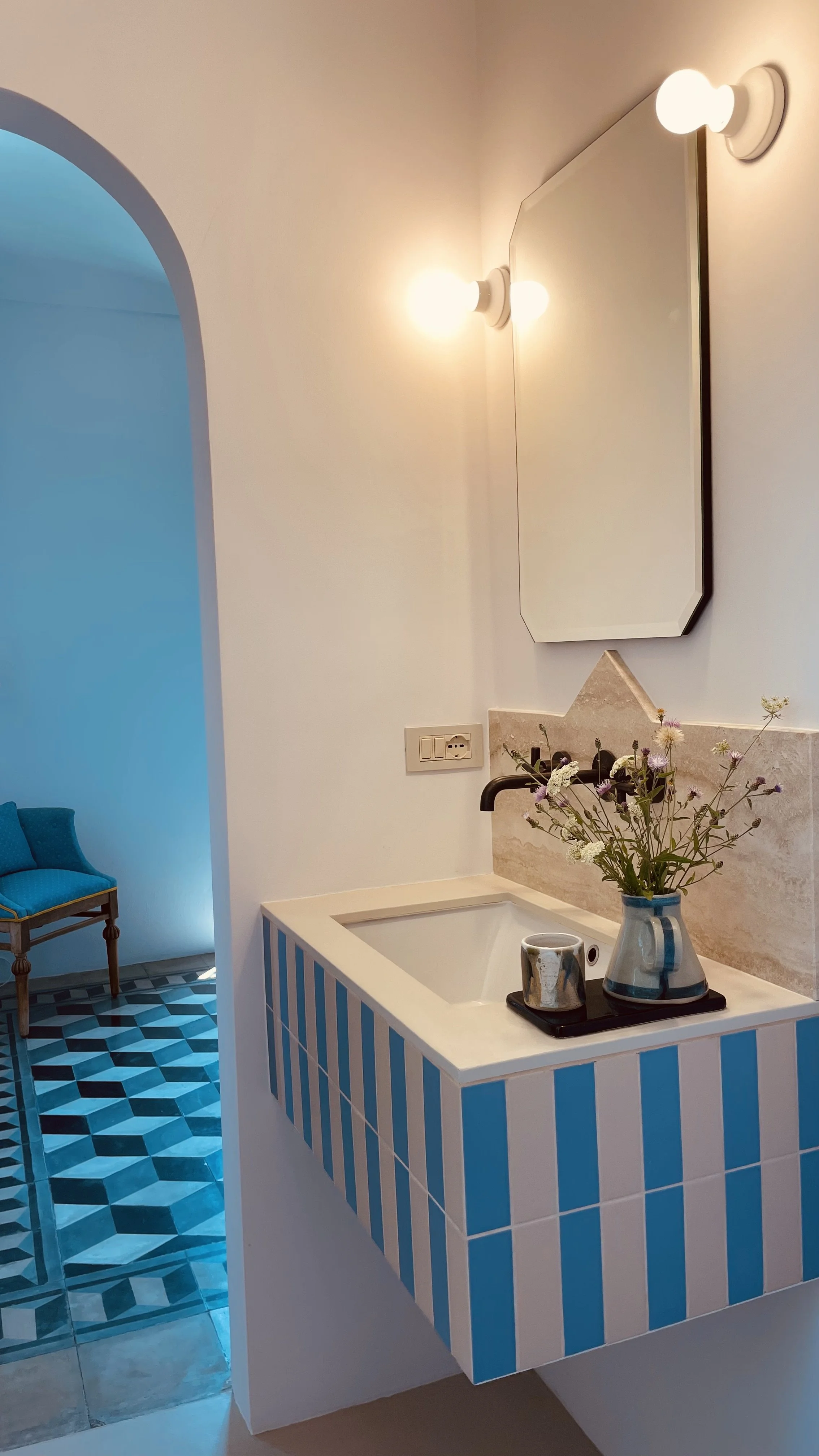 Elegant bathroom vanity at Villa Oberti, a restored countryside villa near Mondovì in Piedmont