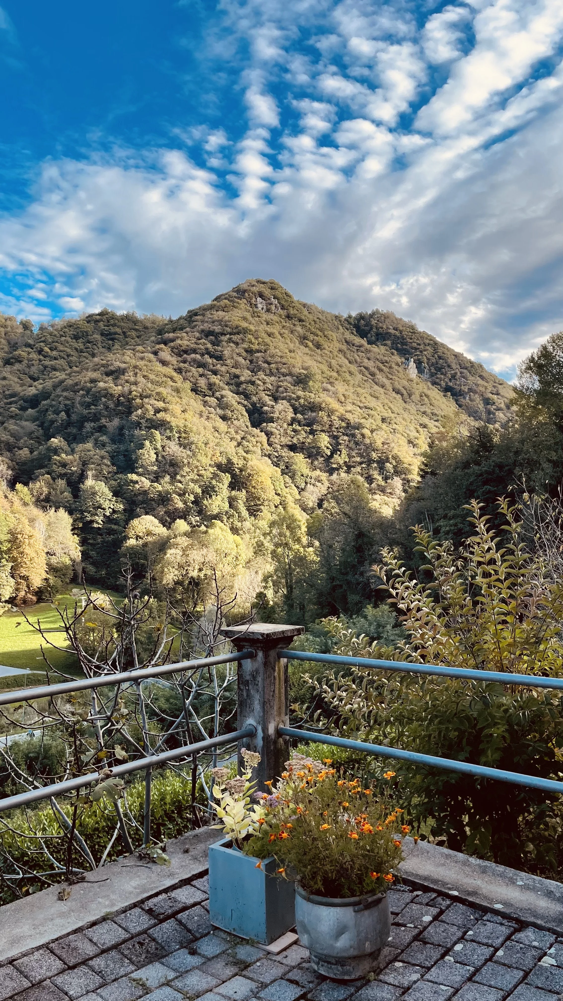 Garden terrace at Villa Oberti overlooking the green hills of the Corsaglia Valley in Piedmont
