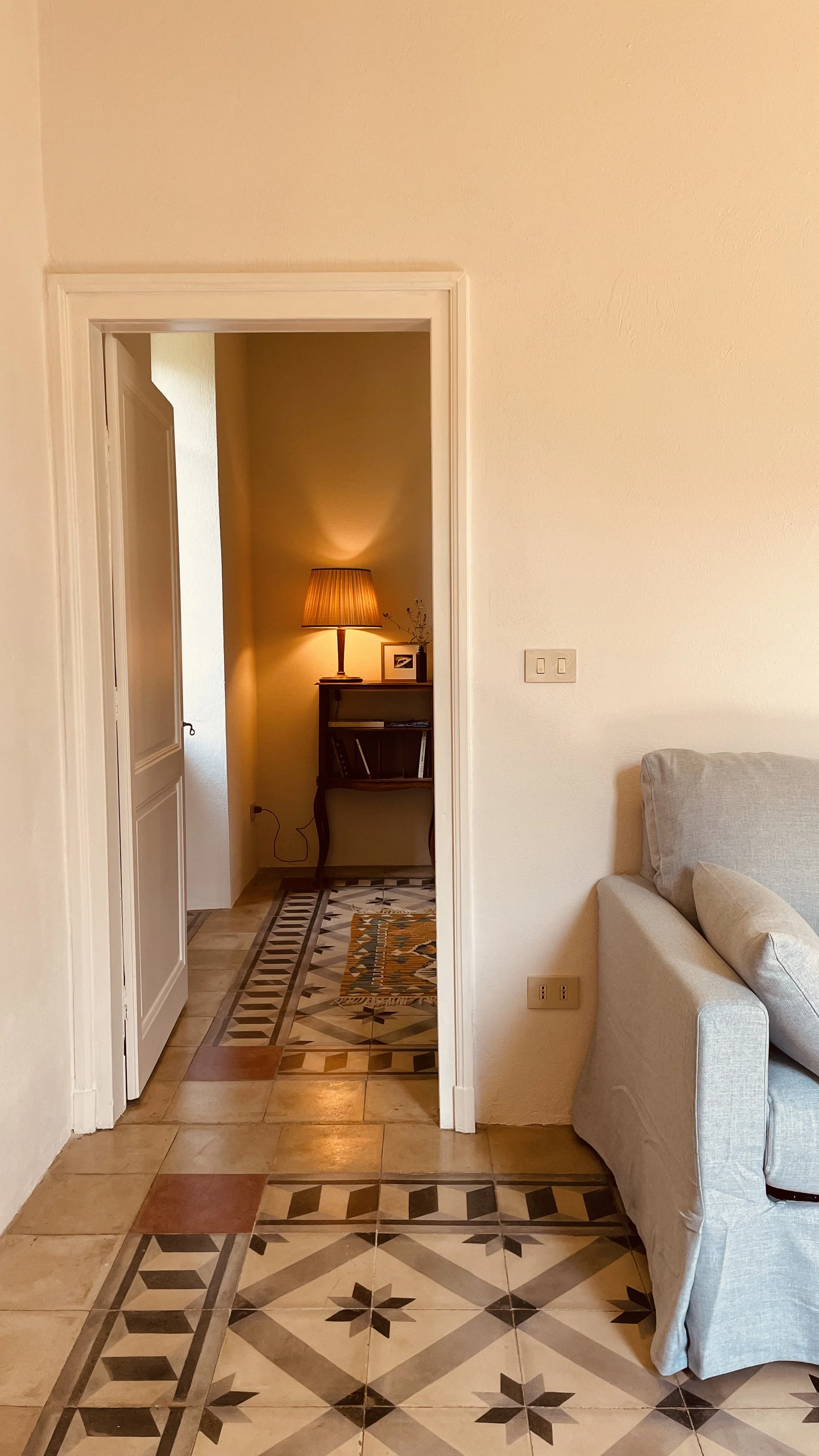 Private study leading into the Fresco Rooms at Villa Oberti, a spacious countryside stay near Mondovì in Piedmont