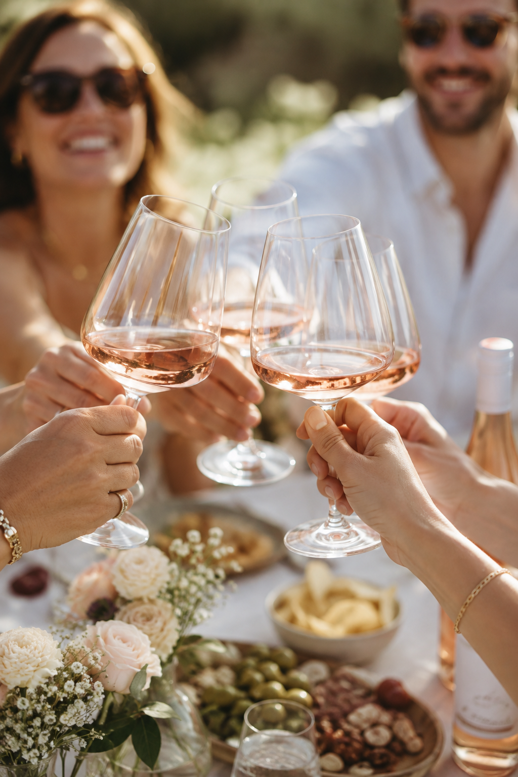 Group of people toasting with glasses of rosé wine at an outdoor gathering, with a table of flowers and snacks.