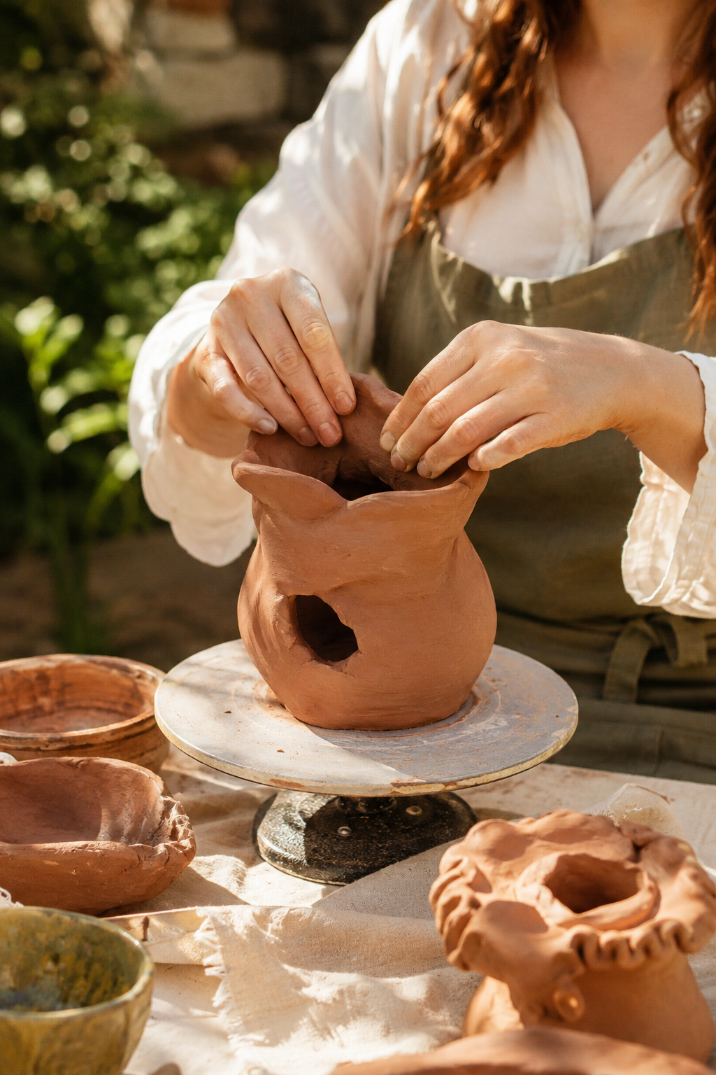 A person shaping a clay vessel on a pottery wheel outdoors, surrounded by finished clay pots.