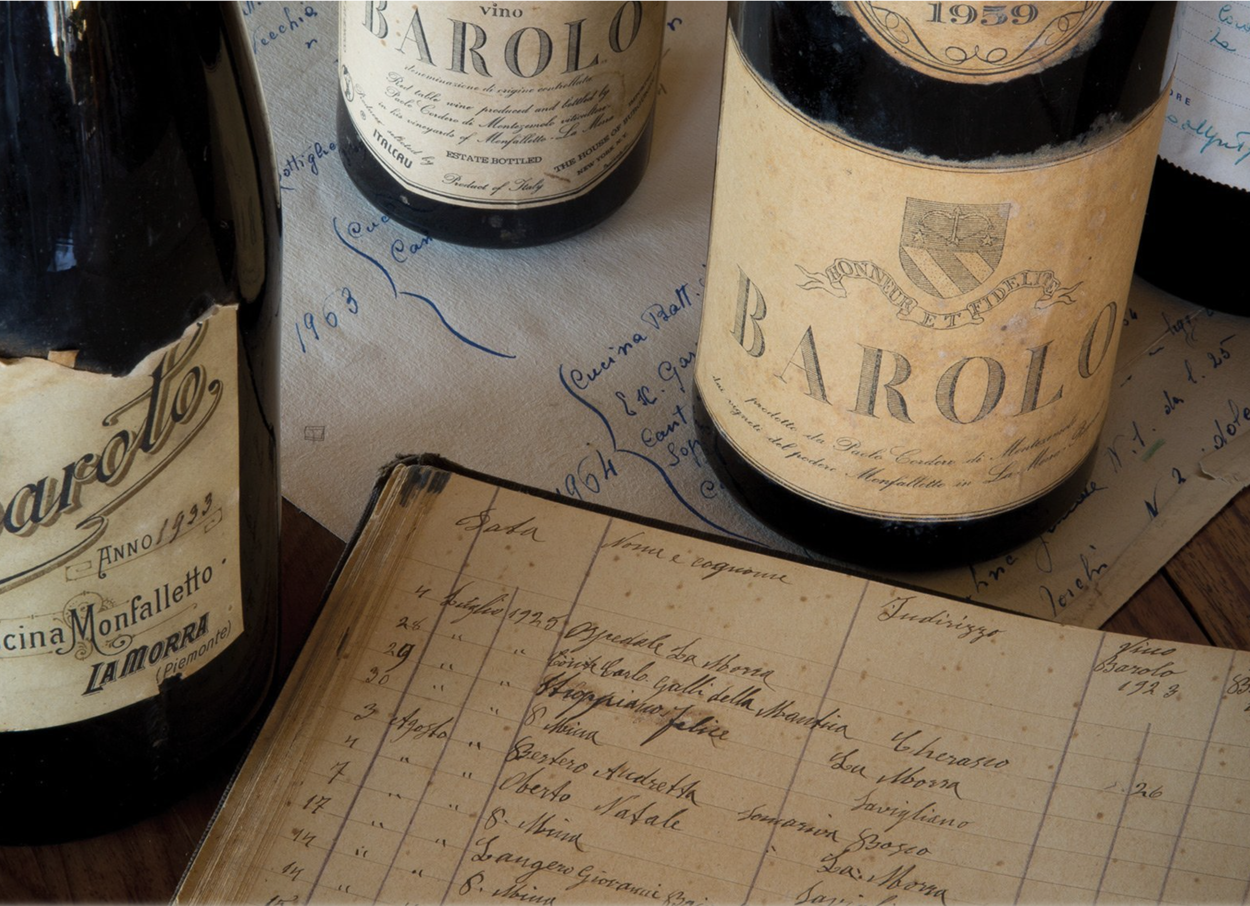 Bottiglie di vino con etichette vintage e una pagina di carta con scritte a mano.