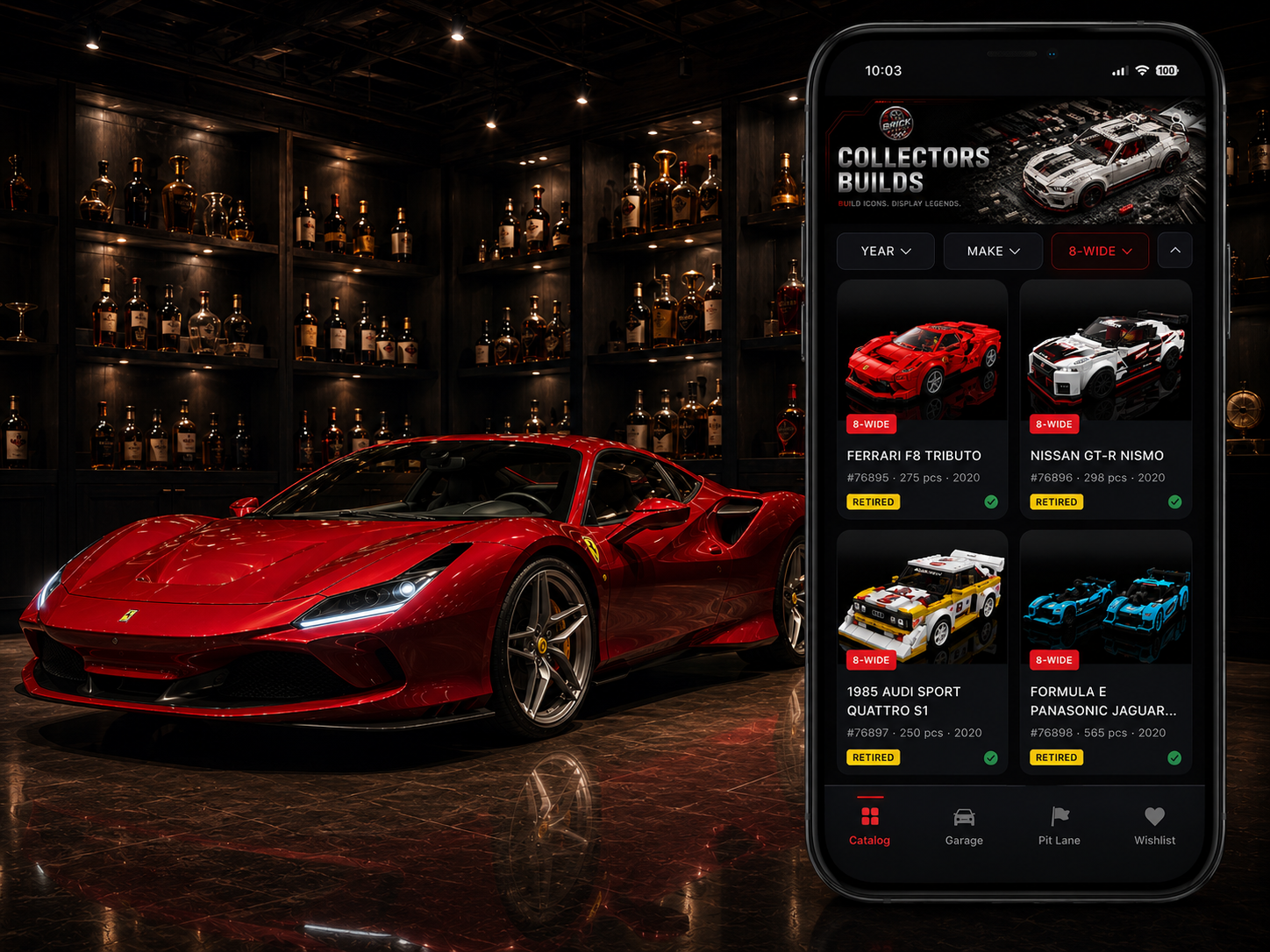 A red sports car in a luxurious room with dark wood shelves filled with bottles. A smartphone displaying a car collection app with images of various model cars and filters.