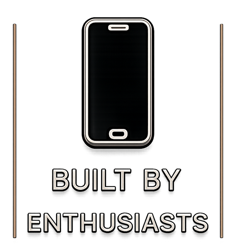Image of a flip phone icon with the text 'Built by Enthusiasts' beneath it.