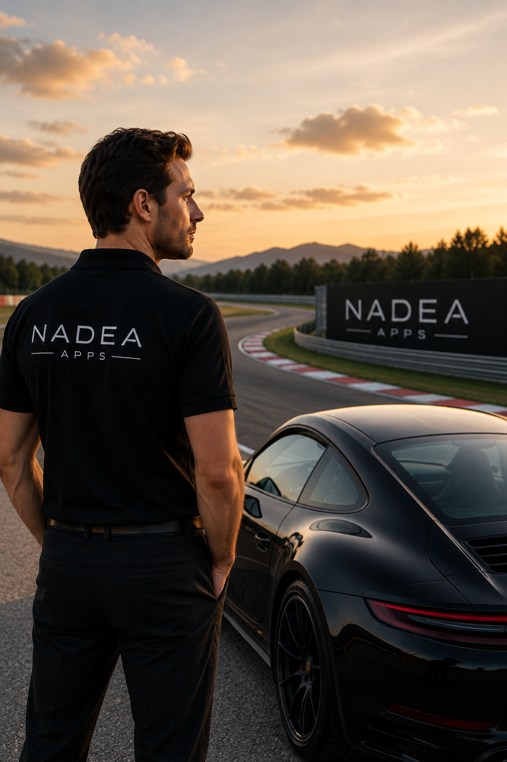 A man stands near a black sports car on a race track during sunset. He is looking to the side and wearing a black polo shirt with 'NADEA APPS' printed on the back, with mountains and a cloudy sky in the background.