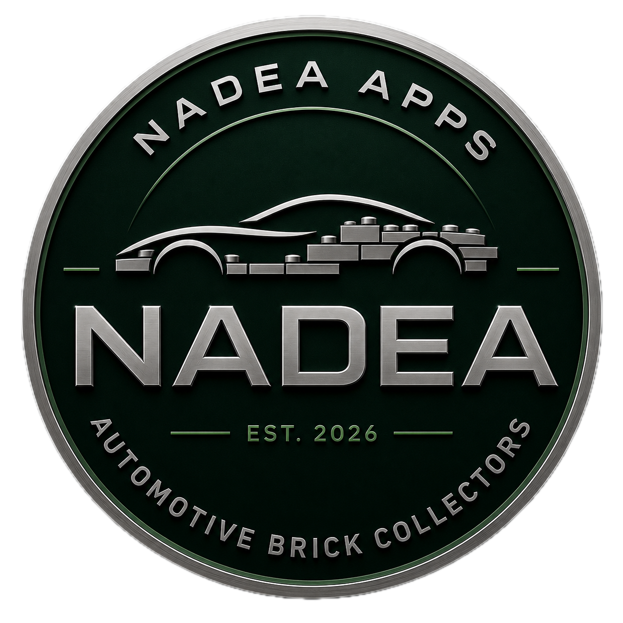 Nadea automotive brick collectors logo featuring a silver and green circular design with a bridge illustration and text 'NADEA' and 'EST. 2026'.